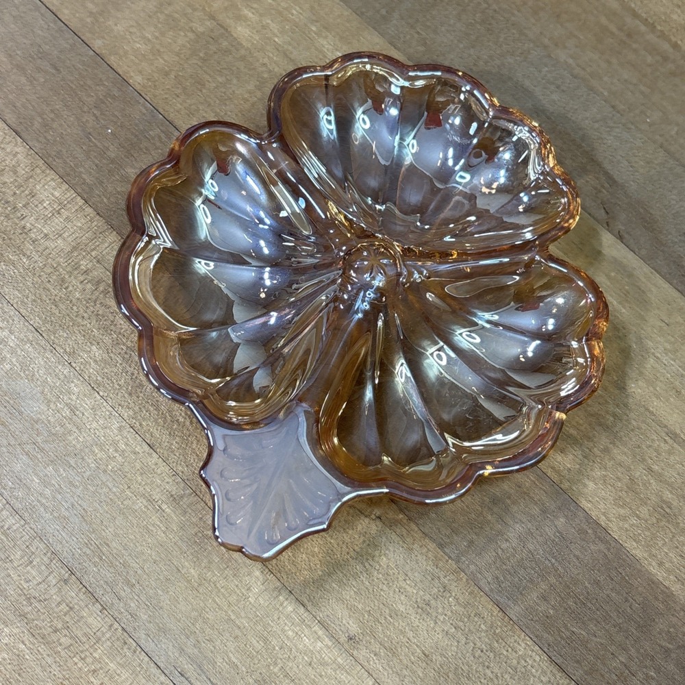 Vintage Jeannette Glass Marigold Carnival 3 Leaf Clover Divided Candy Nut Dish